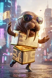 A stylized walrus with sunglasses and tusks wearing a stack of two glowing circuit-board patterned metallic cubes on its body, holding a small flag while walking in a neon-lit cyberpunk city.