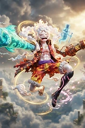 A stylized anime character with white hair and fire-patterned clothing, featuring a glowing blue water-like fist, a mechanical cannon arm, and a small ghost companion flying through a cloud-filled sky with ruins.