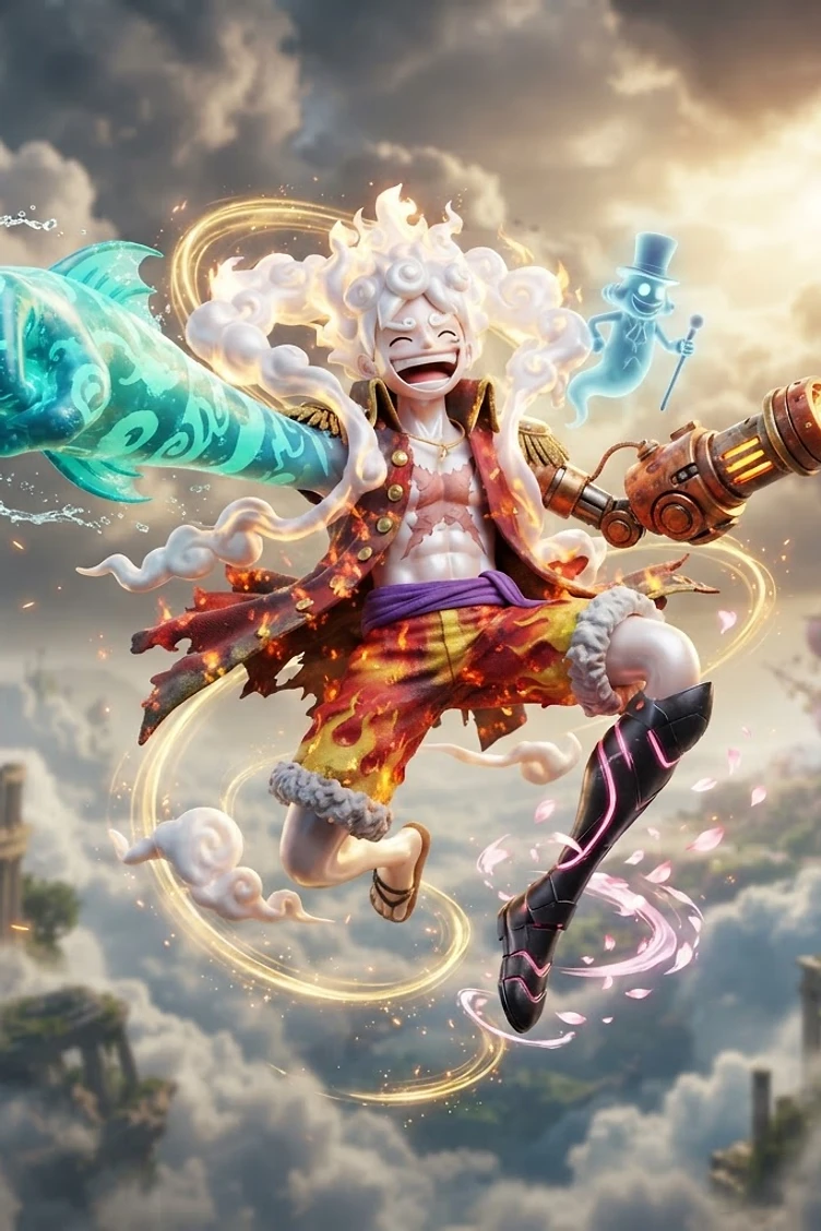 A stylized anime character with white hair and fire-patterned clothing, featuring a glowing blue water-like fist, a mechanical cannon arm, and a small ghost companion flying through a cloud-filled sky with ruins.