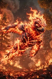 A stylized, grinning phoenix made of living flames and charcoal-like rock flying through a burning forest.