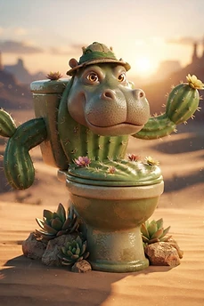 A whimsical 3D illustration of a friendly hippo head merged with a cactus-shaped toilet, wearing a small safari hat in a sunny desert landscape.