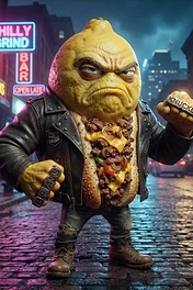 An anthropomorphic lemon-headed character with a cheesesteak torso wearing a leather jacket and brass knuckles, standing on a city street at night.