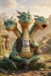 A friendly three-headed green dragon with a vest and medallion sitting on stone ruins in a sunny mountain landscape.