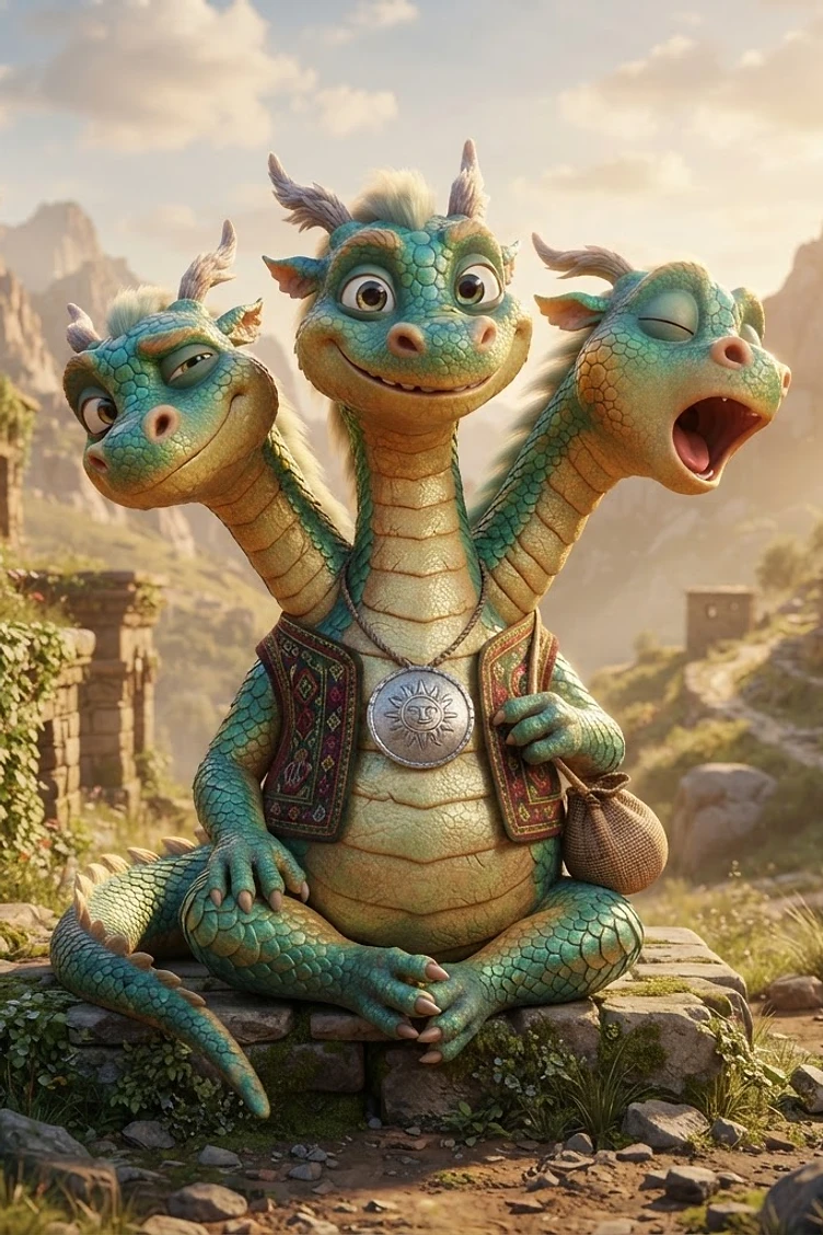 A friendly three-headed green dragon with a vest and medallion sitting on stone ruins in a sunny mountain landscape.