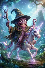 A purple octopus creature dressed as a wizard wearing a starry hat and robes, holding a glowing crystal staff while riding a white unicorn in a magical glowing forest.