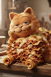 A fluffy, satisfied-looking orange cat with a smug expression resting on a large, steaming, multi-layered stack of delicious cheesy lasagna in a kitchen.