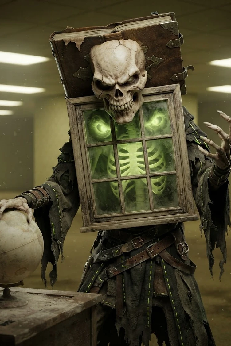 A terrifying skeletal figure with a window for a torso and a book on its head, glowing green, standing in a dim, yellow-lit corridor holding a globe.