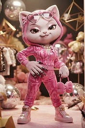 A stylish anthropomorphic white cat character wearing a bright pink velour tracksuit, heart-shaped glasses, and holding a small pink bow handbag in a glamorous room.