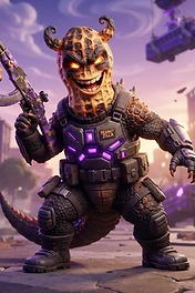 A stylized, aggressive peanut-headed monster with lizard-like skin, wearing tactical armor and holding a rifle in a destroyed city setting.