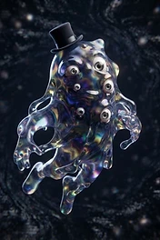 A surreal, iridescent, jelly-like creature with multiple human eyes floating against a dark, swirling cosmic background, wearing a small black top hat.