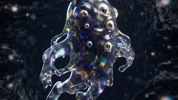 A surreal, iridescent, jelly-like creature with multiple human eyes floating against a dark, swirling cosmic background, wearing a small black top hat.