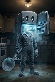 A human-shaped figure wearing a dark jumpsuit and boots standing in a kitchen with a glowing refrigerator for a head, holding a large metal spoon.