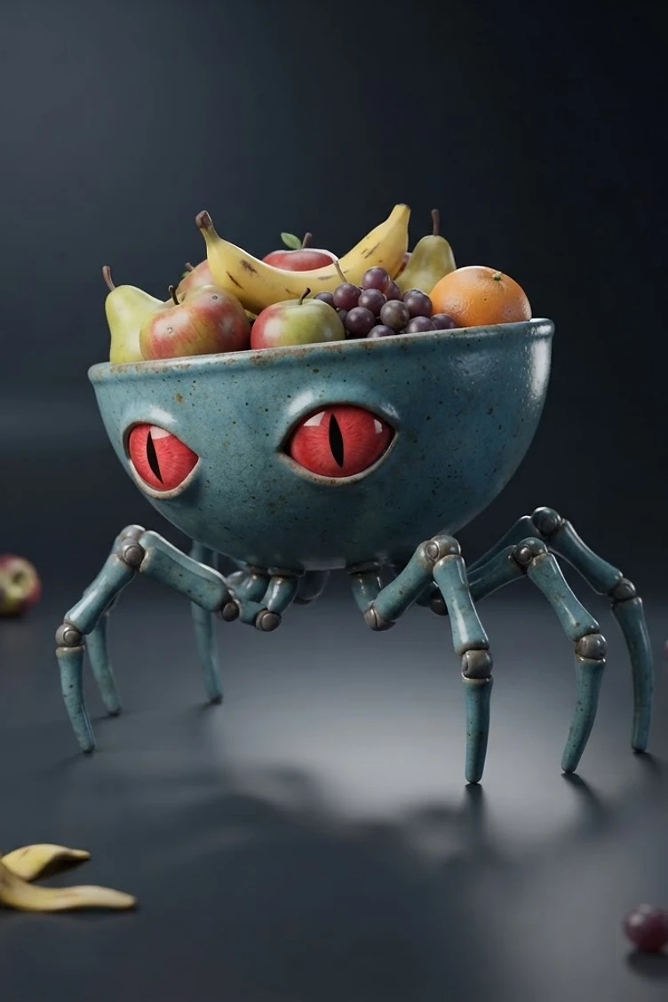 A ceramic blue bowl with red glowing eyes and mechanical spider legs filled with assorted fruits like apples, bananas, and grapes.