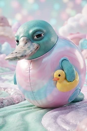 A stylized teal and pink spherical platypus creature with a smug expression holding a small yellow rubber duck in a surreal landscape made of candy and frosting.