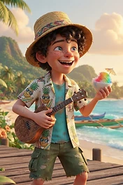 A happy young boy wearing a straw hat and pineapple shirt, holding a ukulele and a bowl of rainbow shaved ice on a tropical beach.
