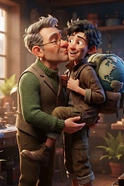 An elderly man in a sweater vest kisses his young grandson on the cheek in a cozy, cluttered workshop filled with scientific equipment.