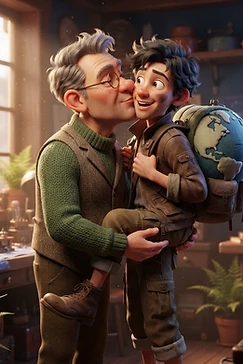 An elderly man in a sweater vest kisses his young grandson on the cheek in a cozy, cluttered workshop filled with scientific equipment.