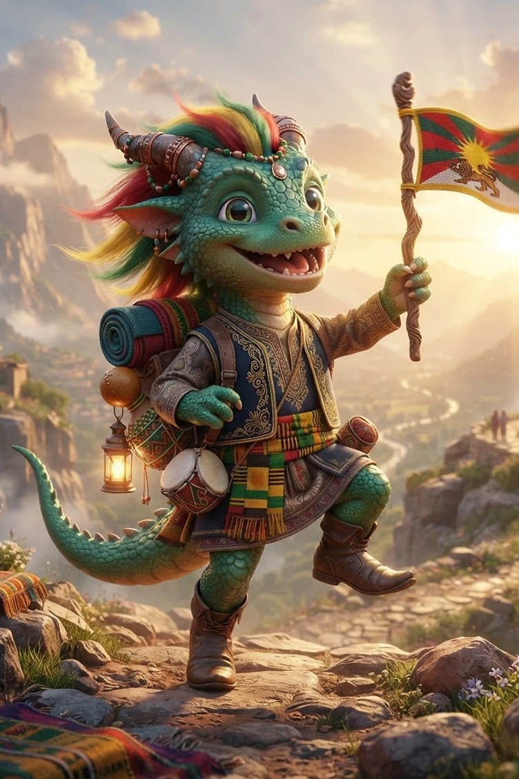 A cute green dragon character wearing ethnic-style clothing and a backpack, holding a flag while trekking through a beautiful mountain landscape at sunset.