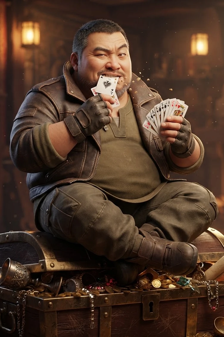 A stout, bearded man wearing a brown leather jacket and green shirt sitting cross-legged on a treasure chest, holding playing cards while one card is in his mouth, inside a dim room with a fireplace.