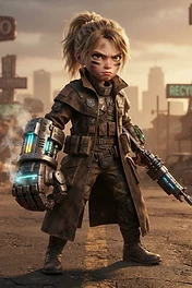 A stylized, chibi-proportioned young warrior standing in a desolate, ruined city street, wearing a worn leather trench coat, tactical gear, and sporting a large glowing mechanical power fist and a sci-fi rifle.