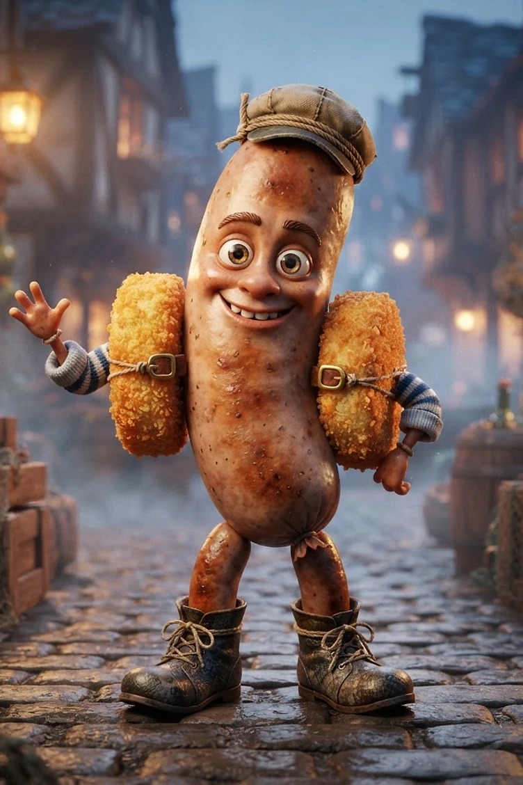A cartoonish anthropomorphic sausage wearing a flat cap and boots, standing on a cobblestone street in a medieval-style market with food items strapped to its sides.
