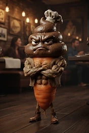 A muscular carrot creature wearing a chef's hat and boots stands with arms crossed in a dimly lit restaurant, appearing angry.