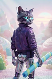 A cyborg cat with glowing cyan eyes wearing a purple jacket in a landscape made of lollipops and gummy bears.