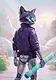 A cyborg cat with glowing cyan eyes wearing a purple jacket in a landscape made of lollipops and gummy bears.