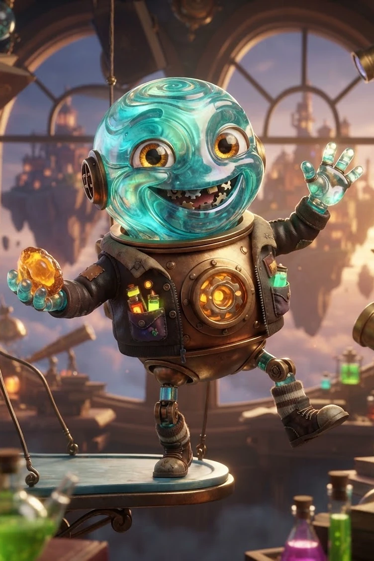 A whimsical robotic character with a translucent swirling blue head and large yellow eyes wearing a vintage mechanical vest, surrounded by alchemical glassware and floating islands in a magical laboratory.
