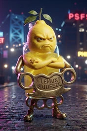 An anthropomorphic lemon character in a glass jar, wearing brass knuckles that read lemon squeeze, standing on a cobblestone city street at night.