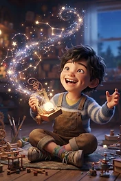 A happy young boy sitting on the floor surrounded by toys, holding a glowing lantern that emits magical constellation-shaped sparkles.