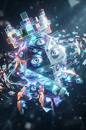 A multi-faceted geometric entity covered in human-like eyes and circuit board patterns, wearing a glowing digital crown and surrounded by floating data particles.