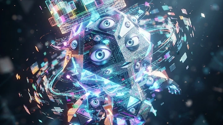 A multi-faceted geometric entity covered in human-like eyes and circuit board patterns, wearing a glowing digital crown and surrounded by floating data particles.