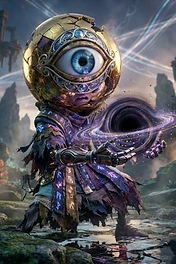 A mystical golden cyclops character with a single blue eye, wearing tattered robes with glowing runes and holding a miniature black hole in its robotic hand.