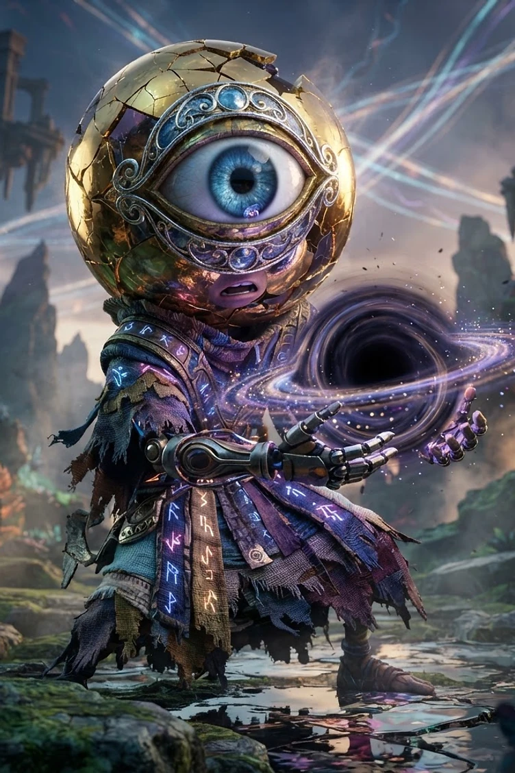 A mystical golden cyclops character with a single blue eye, wearing tattered robes with glowing runes and holding a miniature black hole in its robotic hand.