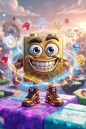 A golden, block-shaped character with muscular arms and large eyes standing on purple and blue floating platforms in a colorful fantasy world.