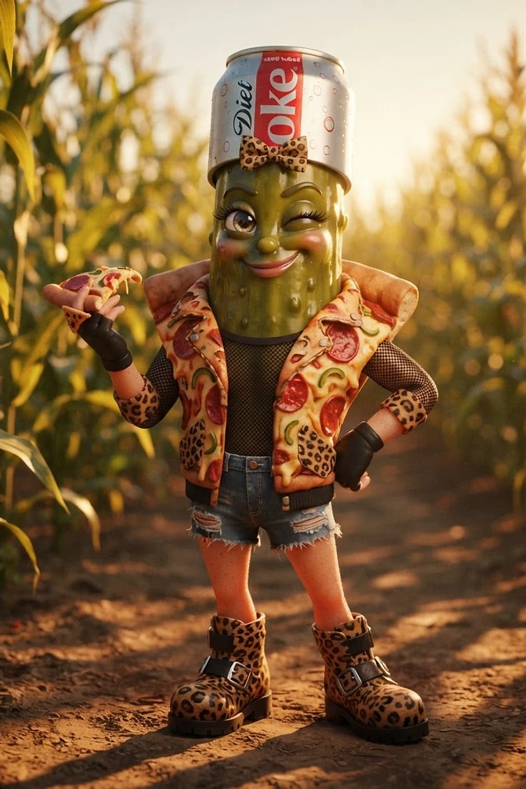 A anthropomorphic pickle character wearing a Diet Coke can as a hat, pizza slice vest, and leopard print accessories while standing in a cornfield.