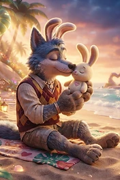 An anthropomorphic wolf in a sweater vest sitting on a beach blanket holding and nuzzling a small white plush bunny at sunset with a Love Island sign nearby.