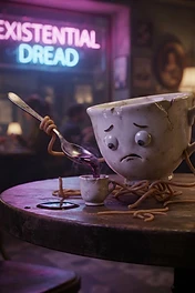A cracked, anthropomorphic teacup with googly eyes and noodle-like limbs sits at a cafe table, using a spoon to pour a purple liquid into a smaller cup under a neon sign that says Existential Dread.
