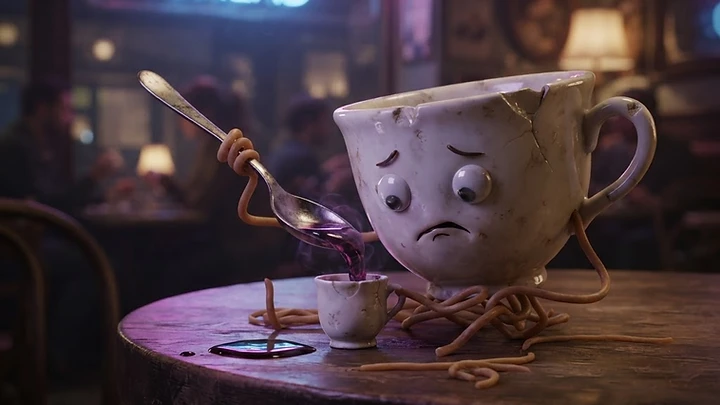 A cracked, anthropomorphic teacup with googly eyes and noodle-like limbs sits at a cafe table, using a spoon to pour a purple liquid into a smaller cup under a neon sign that says Existential Dread.