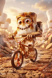 A toasted marshmallow character with large orange eyes riding a bicycle made of crackers through a landscape of cookies and chocolate bars.