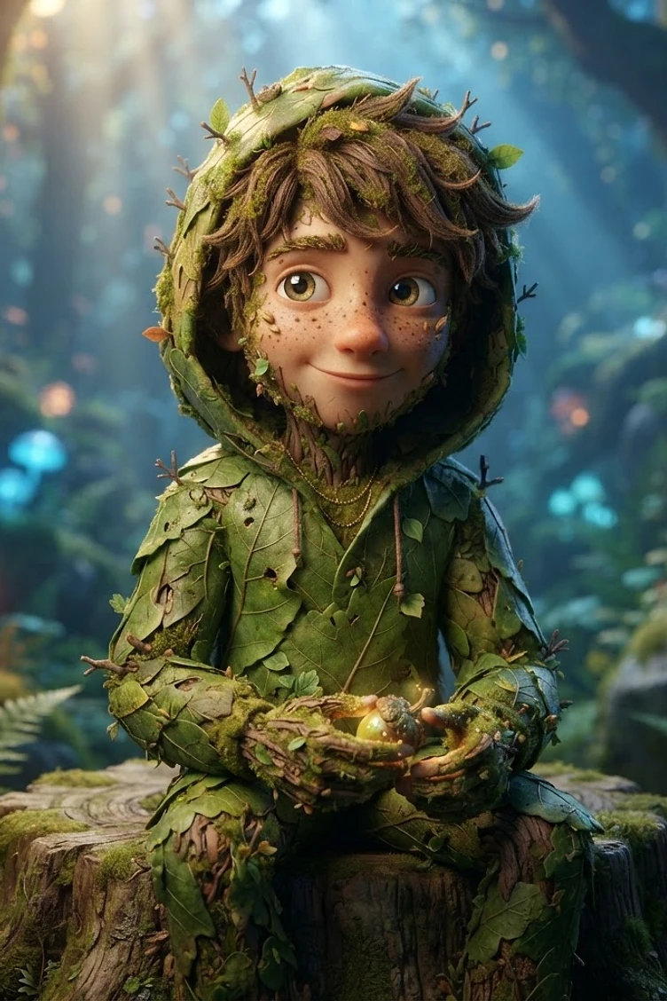 A whimsical young boy with brown hair and freckles dressed in a suit made of green leaves and twigs, sitting on a tree stump in a magical glowing forest.