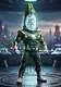 A superhero with a bearded man face encased in a zucchini helmet wearing a green and gold tactical suit standing on a spaceship bridge.
