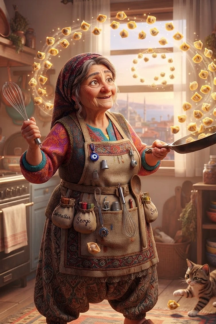 An elderly grandmother wearing a patterned apron and headscarf uses a whisk and a frying pan to magically toss dumplings in a rustic, well-stocked kitchen with a kitten nearby.