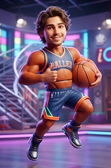 A stylized 3D character with basketball-textured skin, wearing a blue baller jersey and shorts, holding a basketball and giving a thumbs up in a neon studio setting.