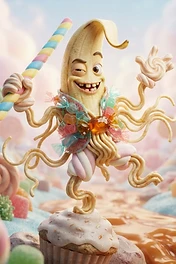 A whimsical, anthropomorphic banana character winking and smiling, wearing a vest of colorful wrapped candies and holding a striped candy cane, standing atop a frosted cupcake in a candy-filled fantasy world.