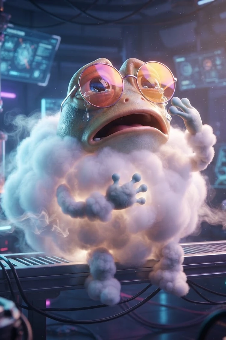 A crying, toad-like creature with a cloud-shaped body wearing round pink-tinted glasses, sitting on a metallic laboratory bench surrounded by bubbling vats and digital screens.