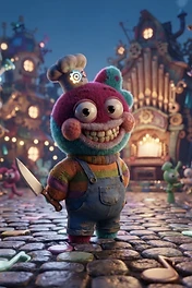 A colorful, fuzzy monster wearing a chef hat and denim overalls, holding a large kitchen knife in a whimsical, cobblestone village.