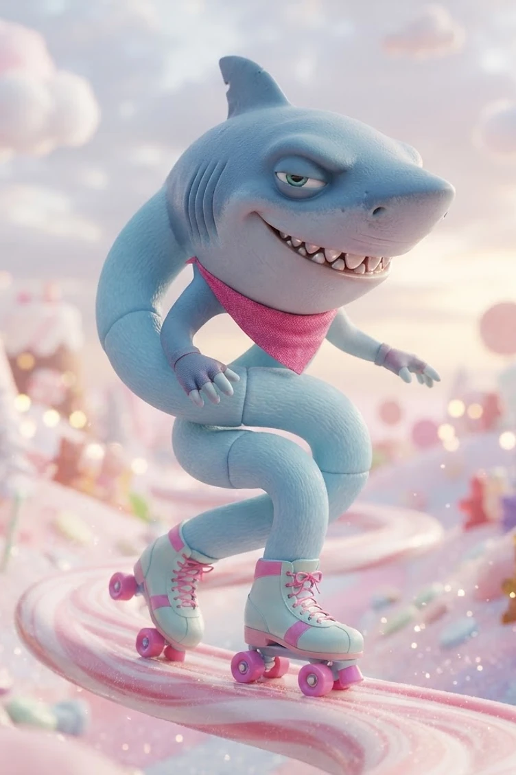 A stylized, blue shark-headed character with a long, flexible body wearing a pink bandana and roller skates, skating through a surreal candy landscape.