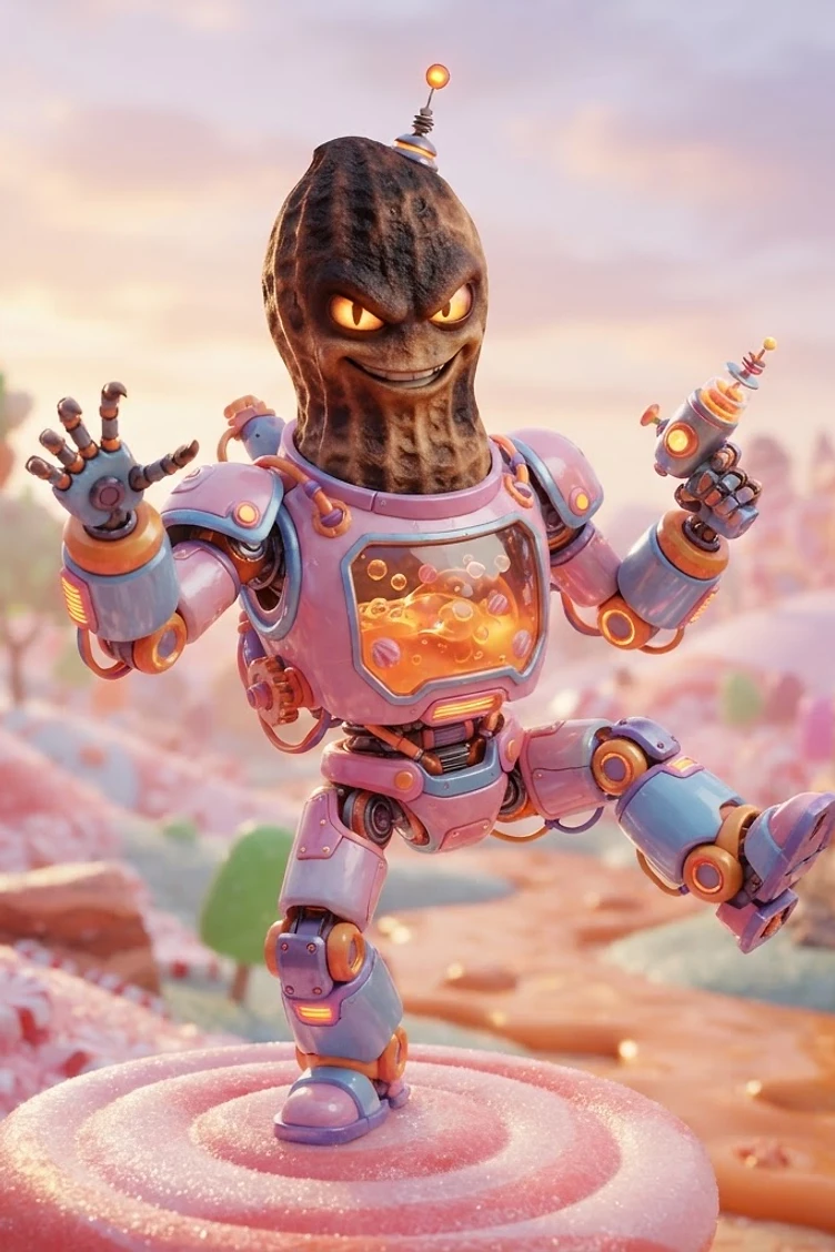 A stylized peanut character with a mischievous face wearing a pink and blue robotic suit while standing on a large pink lollipop in a candy-themed world.